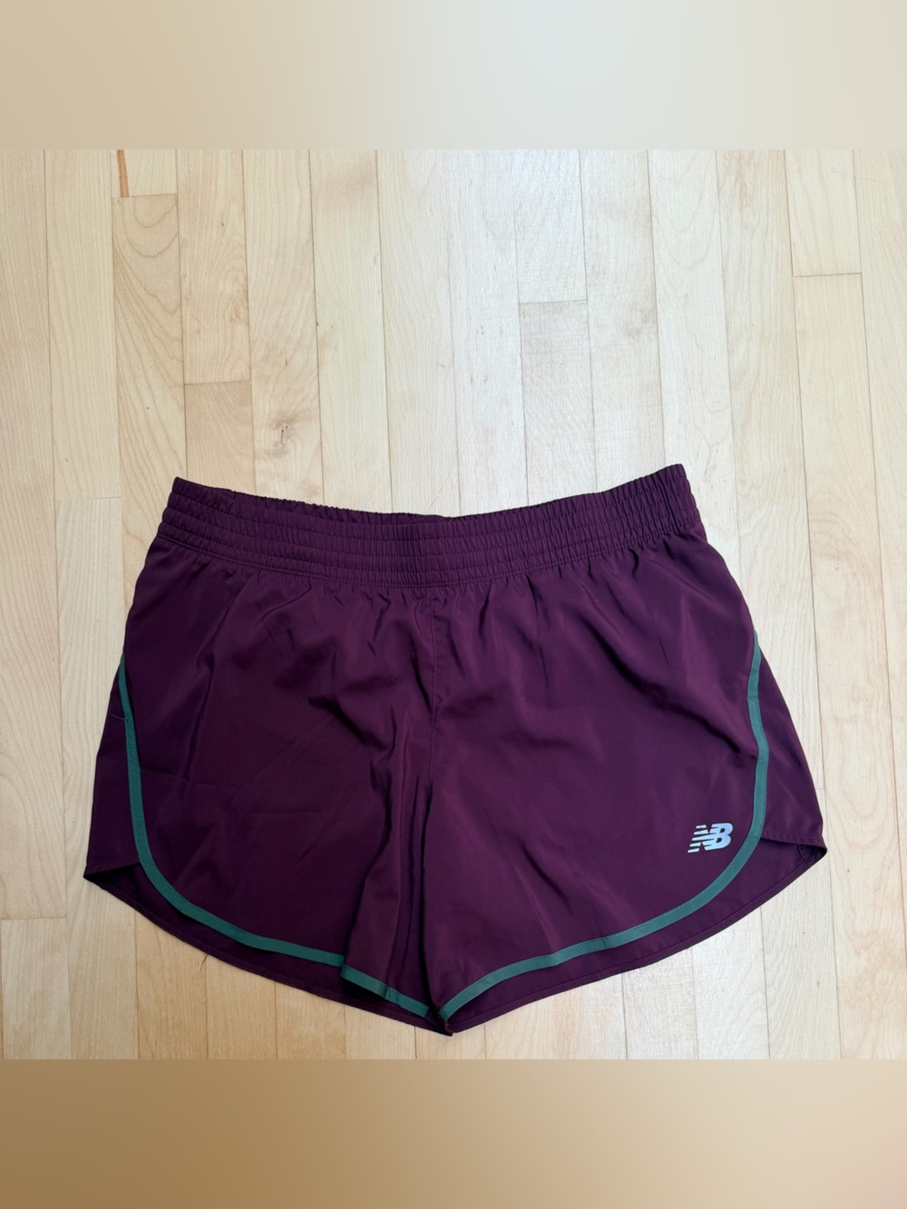 New Balance Women's Maroon Athletic Shorts with Green Trim